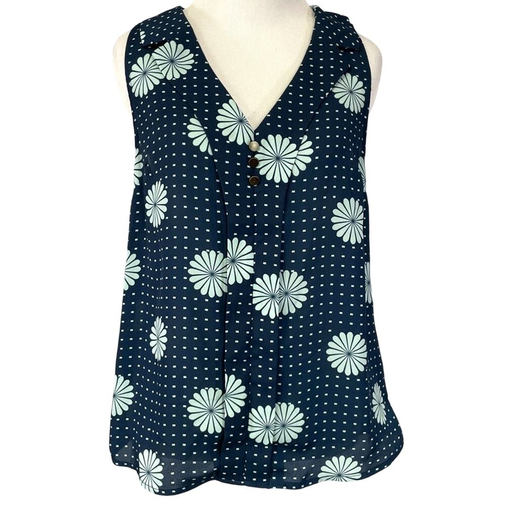 Modcloth Womens Sleeveless Blouse S Blue Floral Daisy Mod Retro Teacher Career